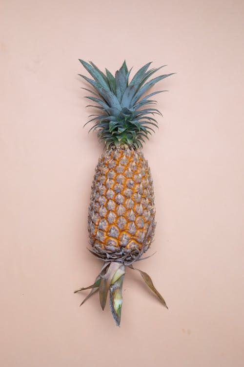 From above composition of whole big ripe fresh fruit pineapple with green leaves located on pink background