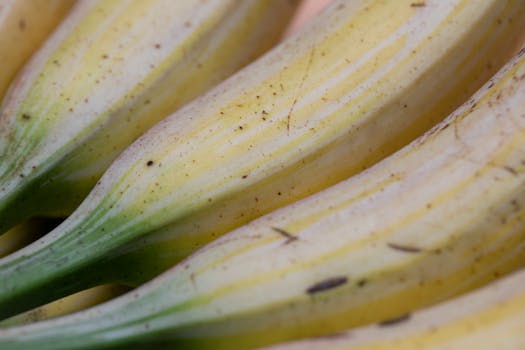 From above closeup of healthy fresh ripe yellow bananas with green stems and dark spots