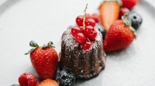 Delicious chocolate fondant cake decorated with red currant and strawberries with blueberries sprinkled with icing sugar and served on white plate