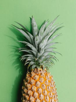 Top view exotic fresh ripe pineapple with bright leaves placed on green background
