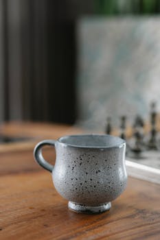 A rustic ceramic mug filled with hot tea, set on a wooden table, evokes a cozy morning vibe.