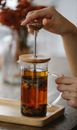 Crop anonymous female touching glass French press with brewing herbal black tea placed on wooden tray