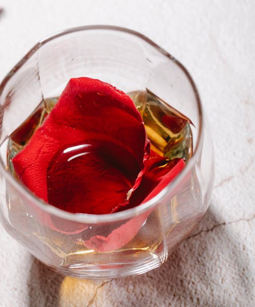 From above closeup of transparent clean glass with alcoholic beverage and red rose petals