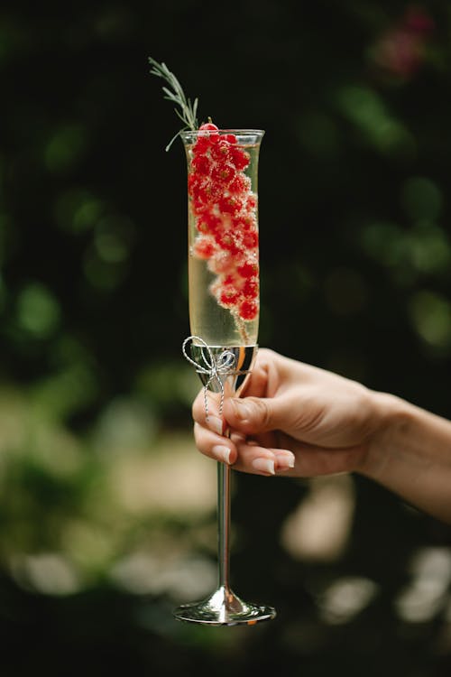 Crop anonymous female demonstrating crystal wineglass decorated with bow with fresh sparkling wine served with branch of red currant against blurred background