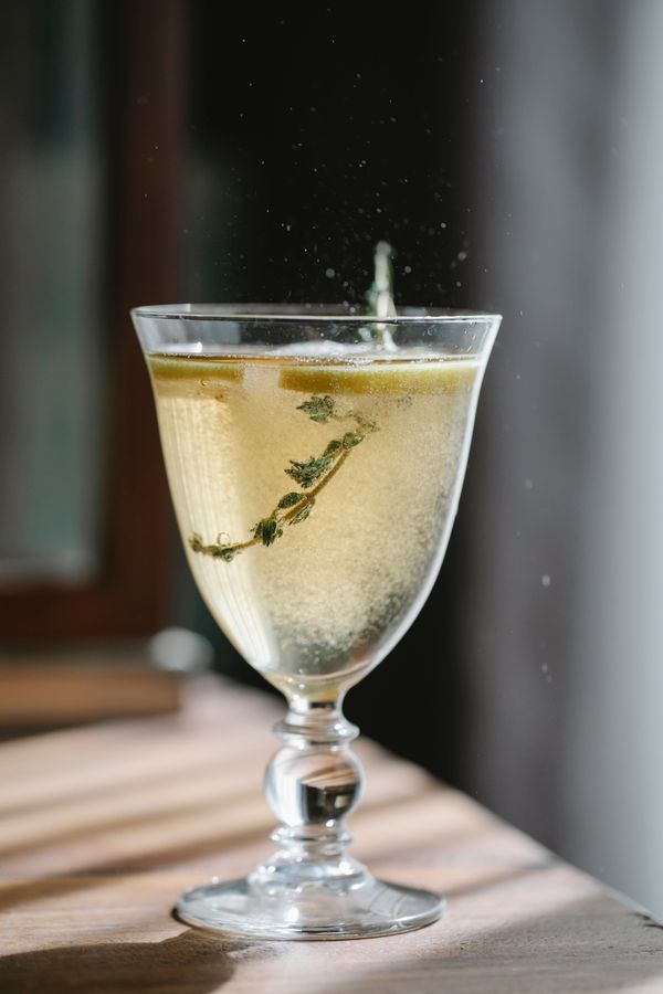 Glass of lemon soda water with herbs, wellness lifestyle