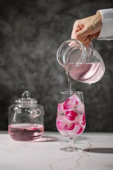 A hand pours rose-infused water with petals into a glass, highlighting refreshment.