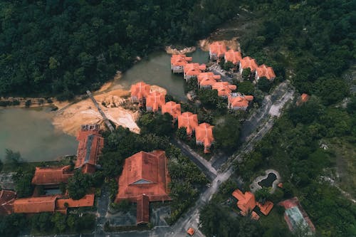 Aerial view of typical residential houses with red roofs located on river shore surrounded by lush green trees