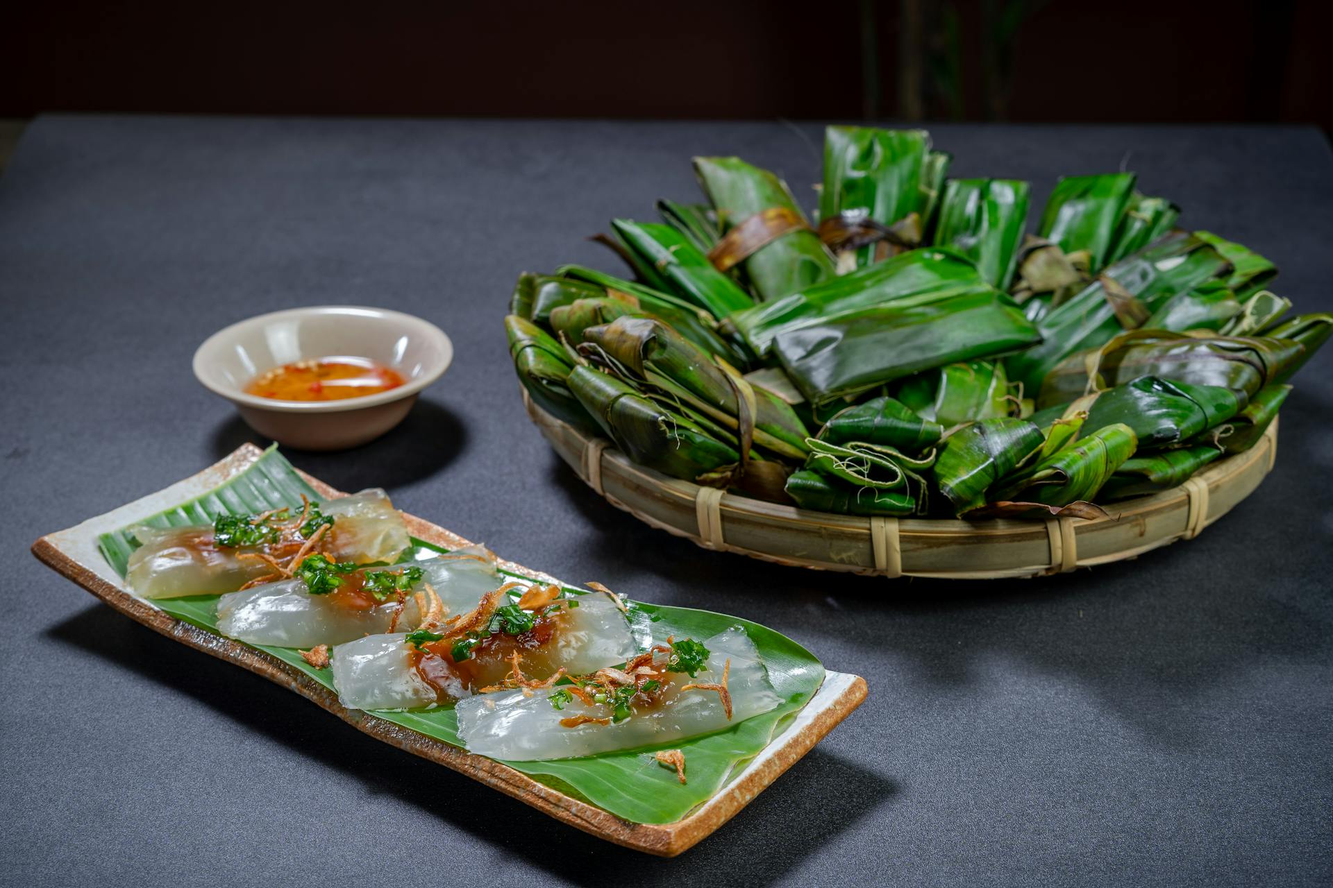 Banh Bot Loc Served in a Tray with Banana Leaf