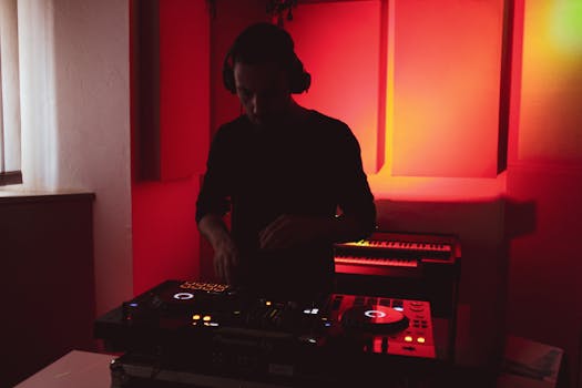 A DJ wearing headphones mixes music on a console in a dimly lit studio with red lighting.