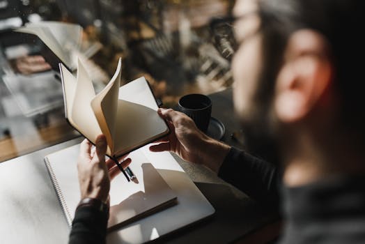 一个人坐在窗边，翻阅着笔记本，享受着舒适的氛围