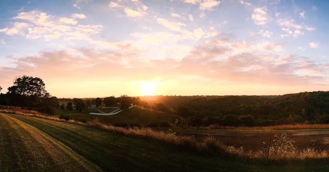 日落时分，乡村的美景展现出田野、树木与宁静的天空