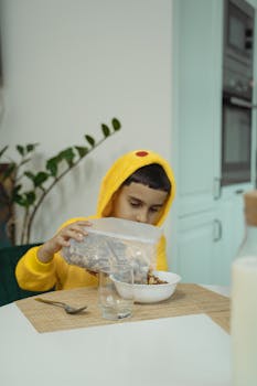 Child in yellow outfit pouring cereal into bowl at indoor kitchen table. Cozy breakfast moment.