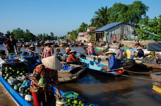 A vibrant scene at a floating market in Ho Chi Minh City, Vietnam, showcasing local culture and commerce.