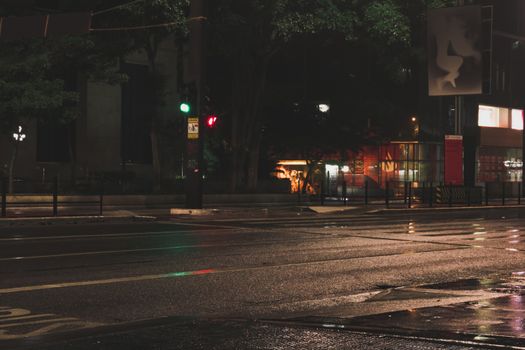 Empty asphalt road traffic lights and bus stop in modern street in big city at night