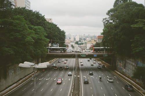 Busy road in megapolis in summer day