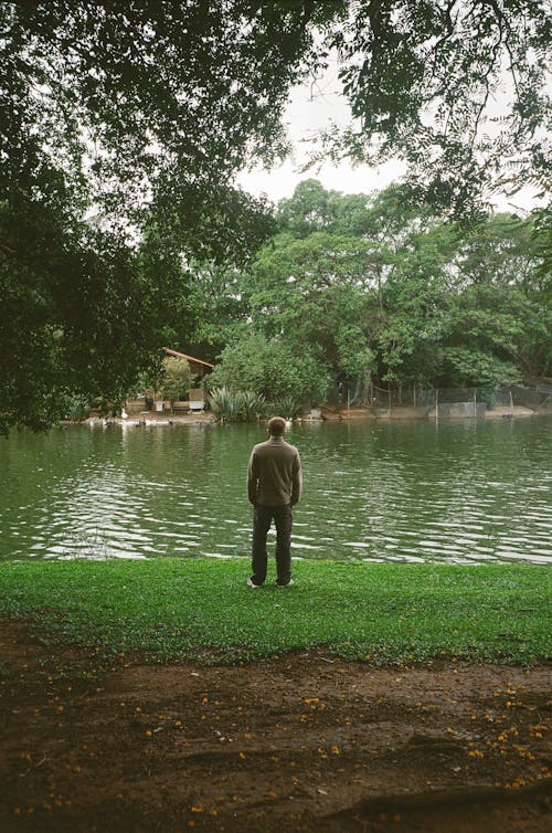 Man enjoying quiet pond in summer day