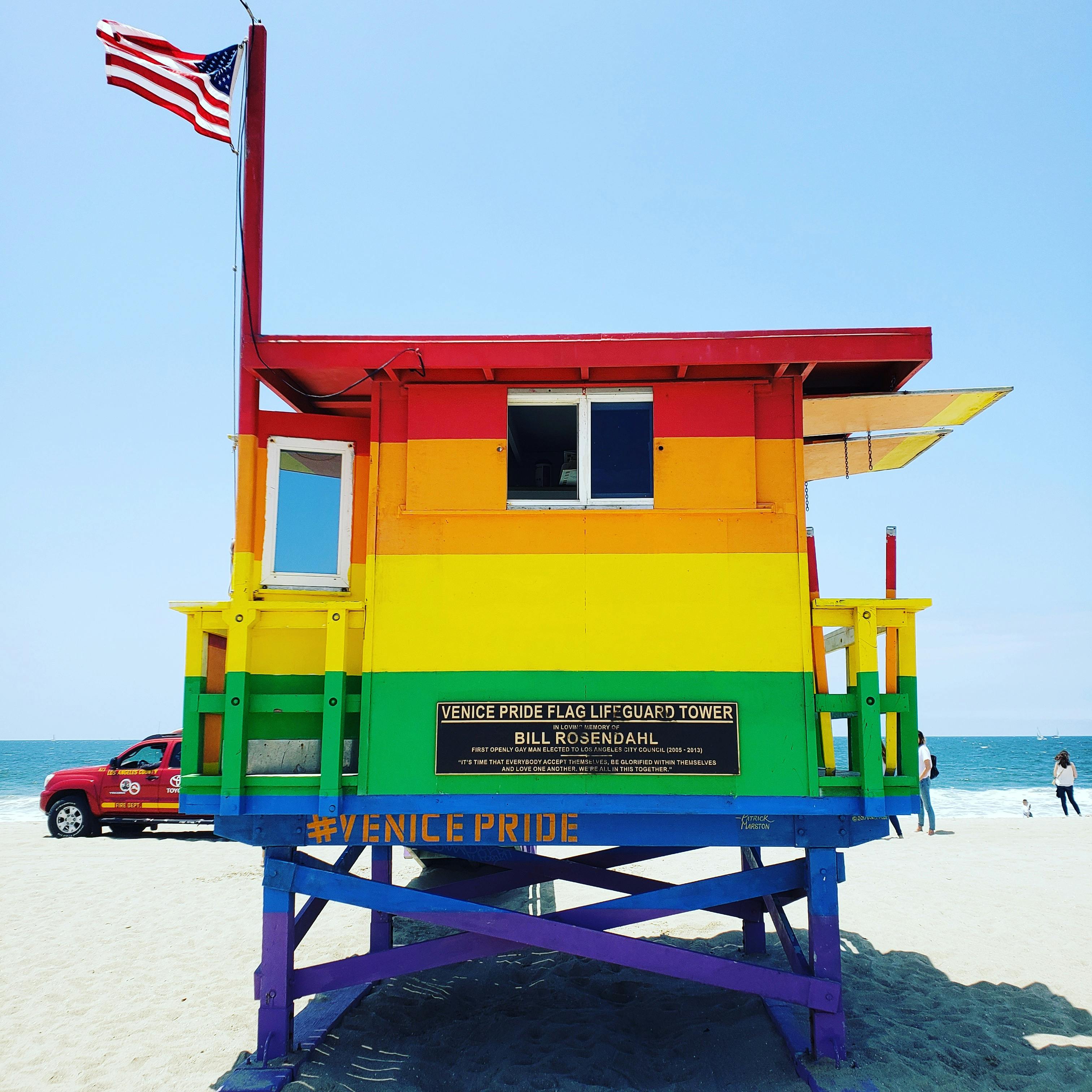 the venice pride flag lifeguard tower at venice beach
