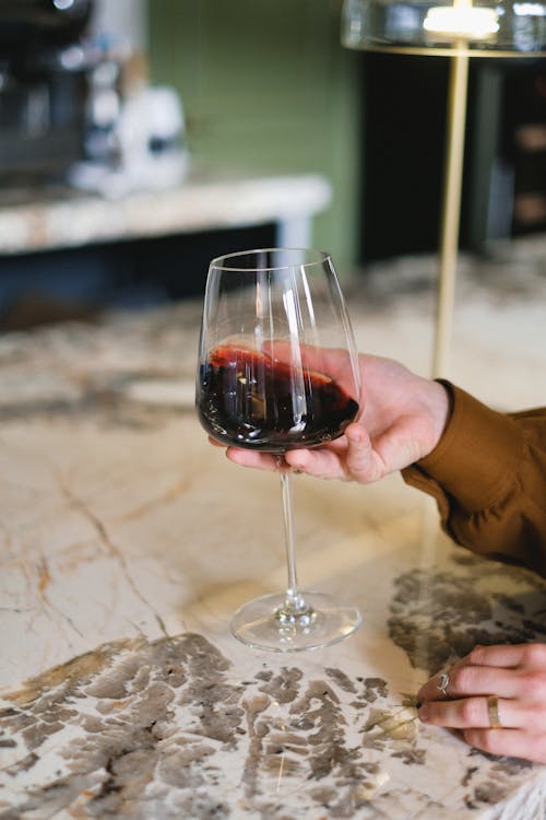 A Person Holding a Clear Wine Glass with Red Wine