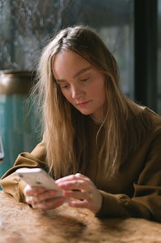 A young woman in a brown dress is sitting indoors, using her smartphone with focus and concentration.