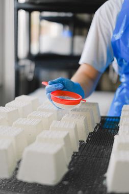 Produção de ricota em laticínio — soro do leite sendo processado em tanque industrial