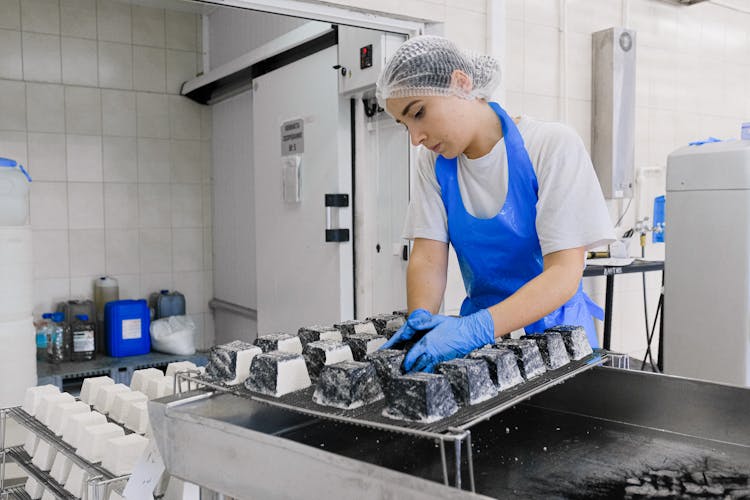 Woman With A Blue Apron And Gloves Producing White Cheese In A Factory