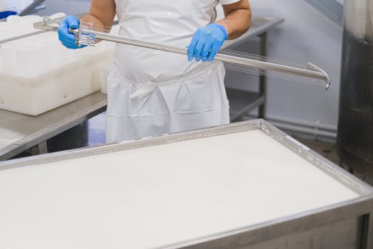 A worker using a cheesemaking tool in a factory setting, wearing protective clothing.