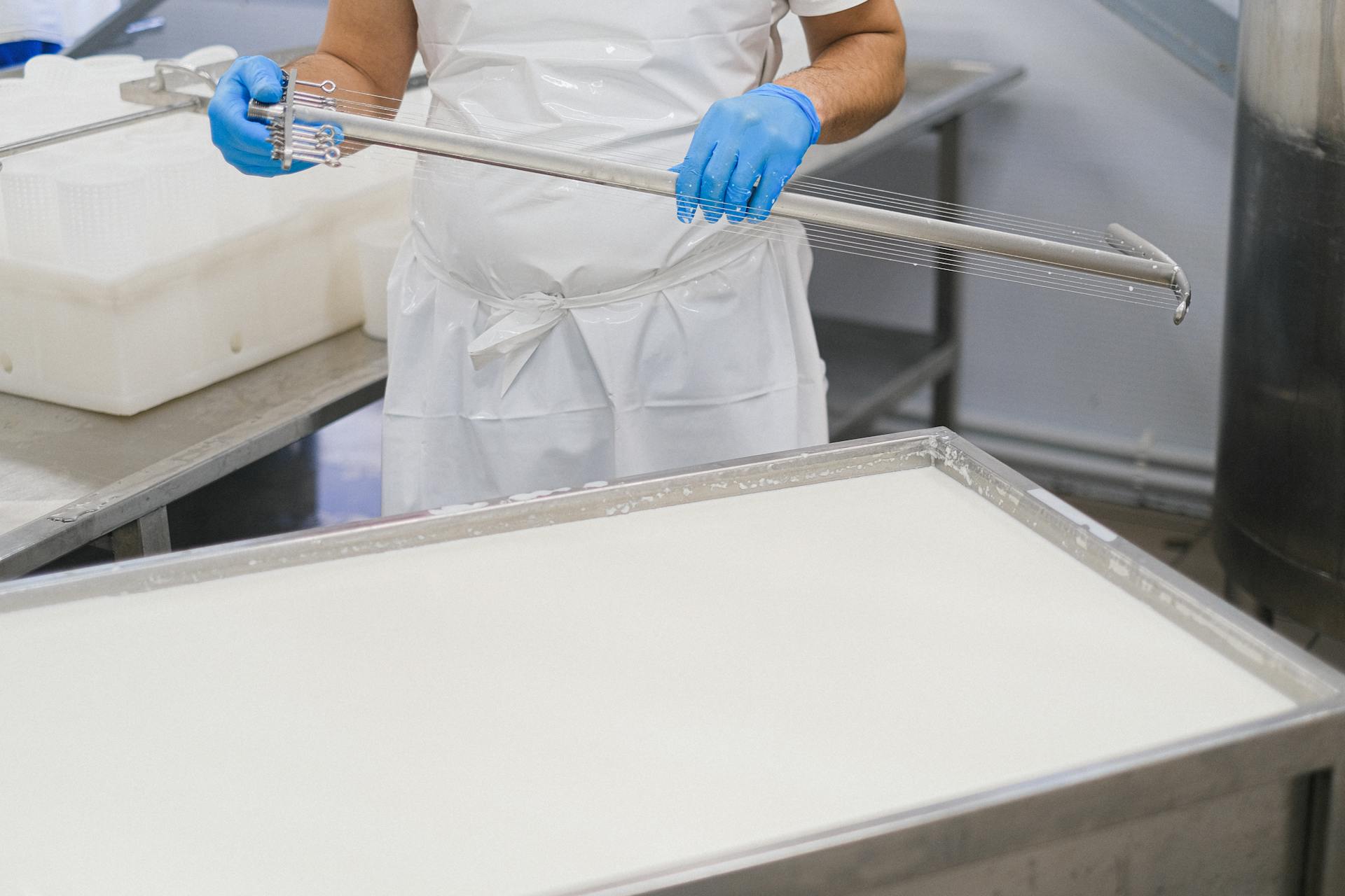 Close Up of Person Working in Cheese Factory