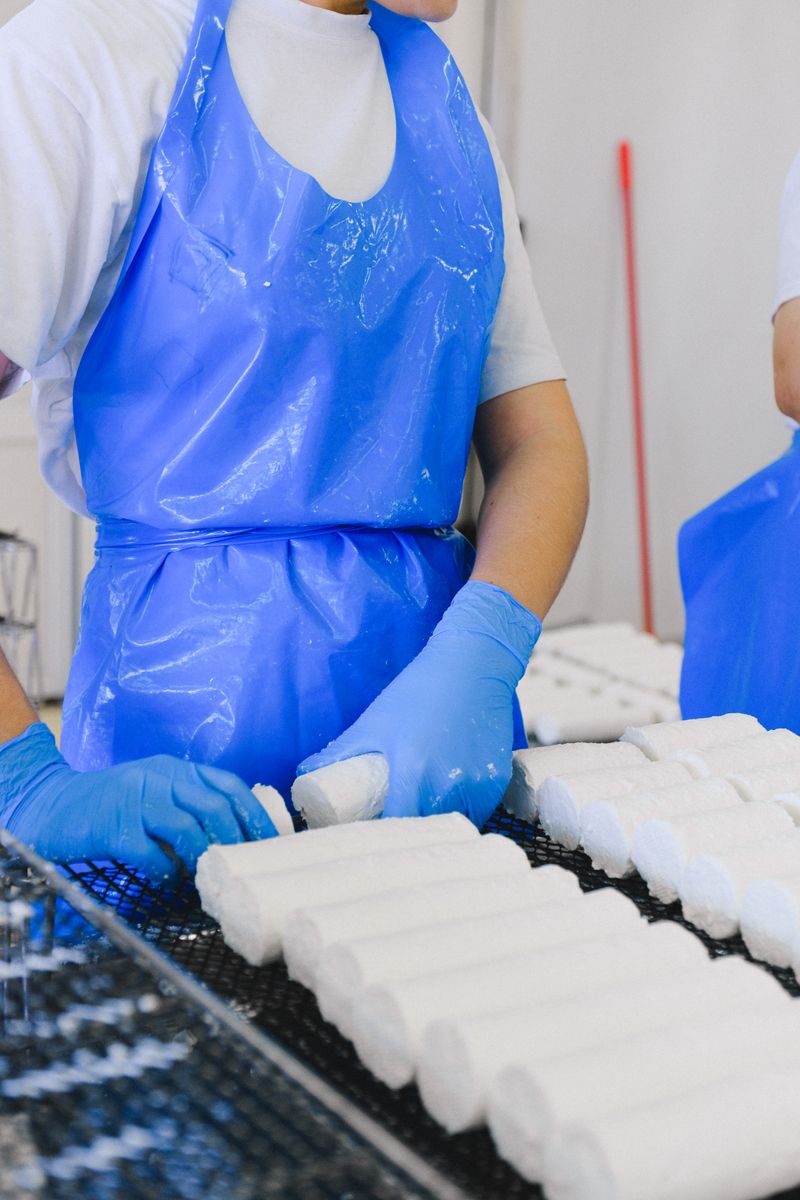 Close-up of a worker in blue uniform handling cheese production in a food factory.