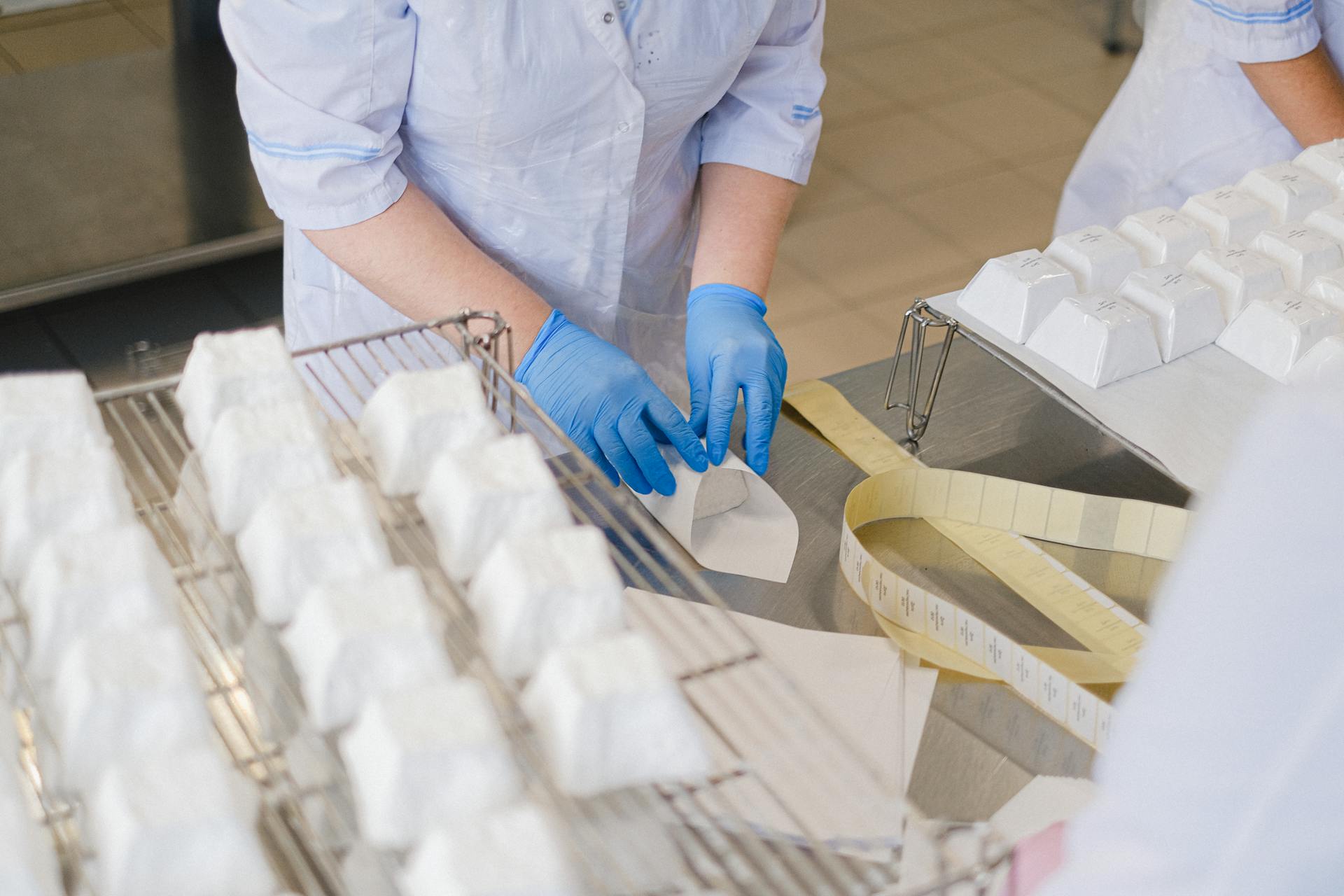Woman in White Coat and Latex Gloves Wrapping Boxes
