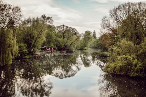 Free Peaceful lake surrounded with green trees near small huts under cloudy sky in summer day Stock Photo