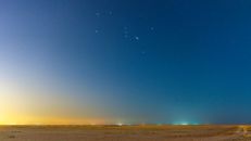 日落时分，万里无云的天空星光闪耀，一望无际的沙漠风景如画