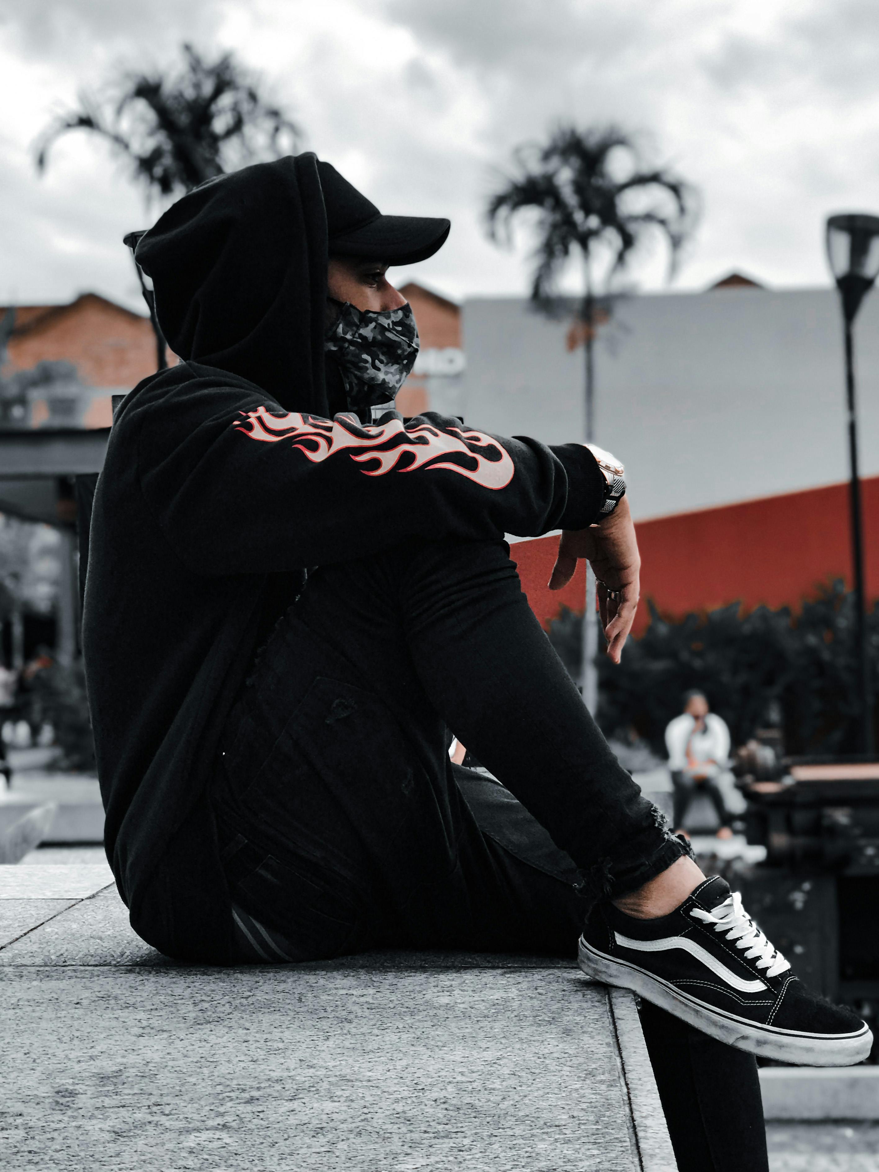 HD wallpaper: man sitting on concrete bench wearing Supreme X Louis Vuitton  Monogram Canvas hoodie, man sitting on concrete platfrom
