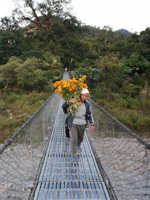 A Man Carrying Yellow Flowers on His Shoulder While Crossing a Hanging Bridge