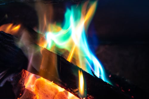 Blue and Yellow Flame on Firewood