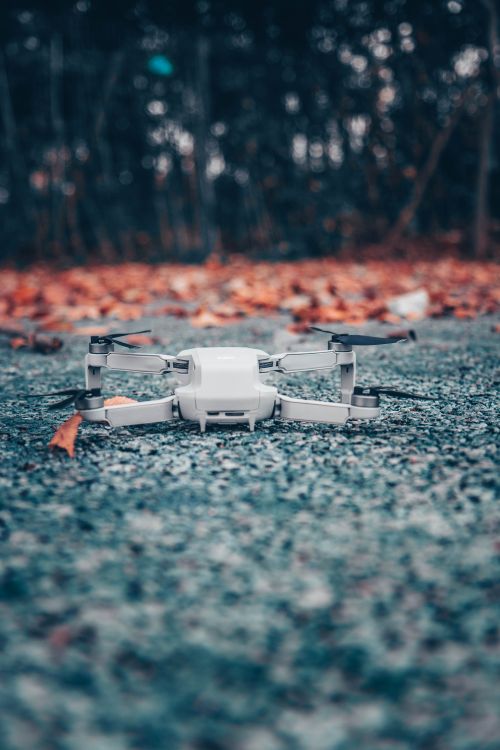 Free Close-up of a drone on a gravel surface with autumn leaves in the background. Stock Photo