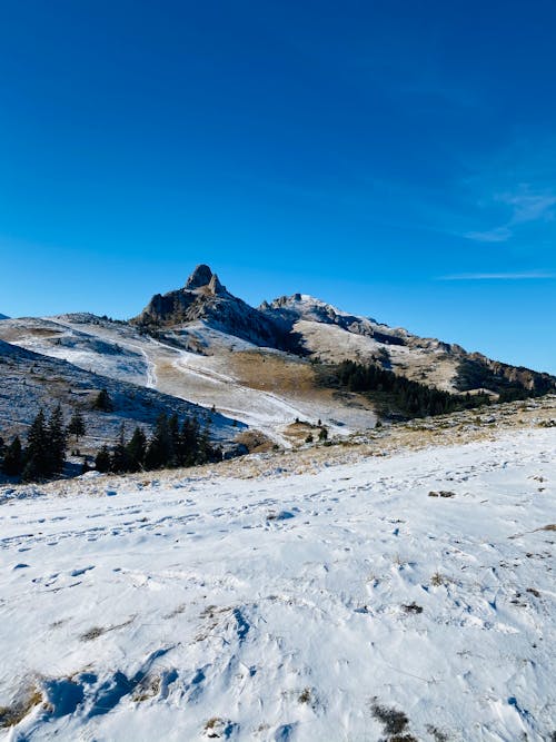 A Snow Covered Mountain Under the Blue Sky