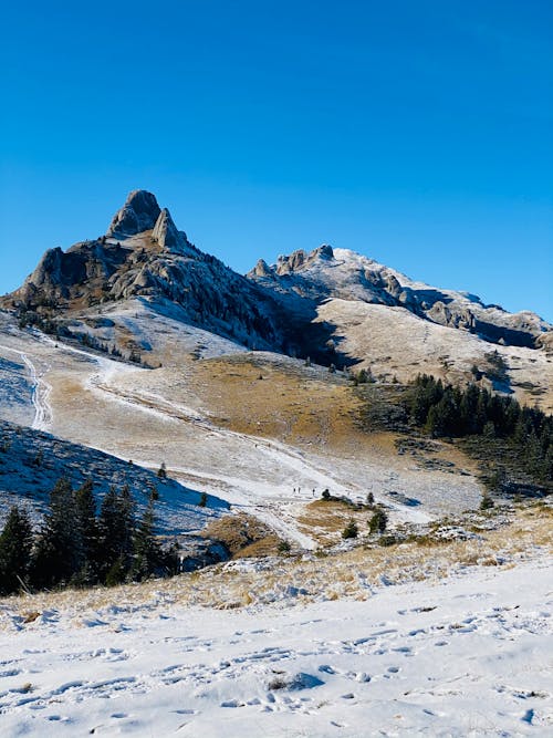 A Snow Covered Mountain Under the Blue Sky