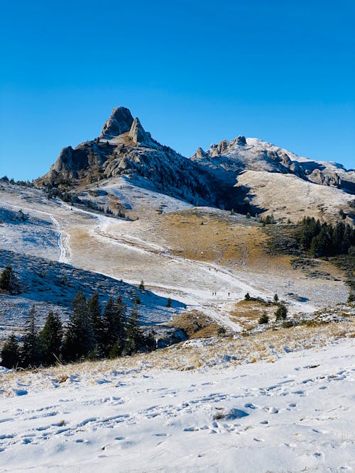 A Snow Covered Mountain Under the Blue Sky