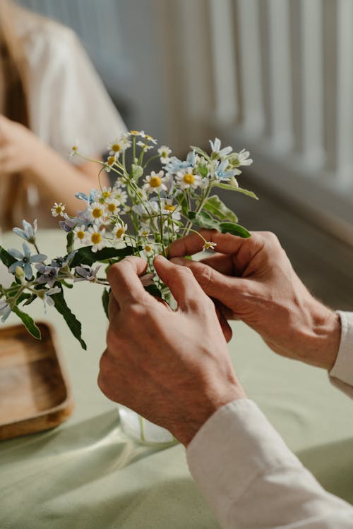 Person, Die Weißen Und Grünen Blumenstrauß Hält