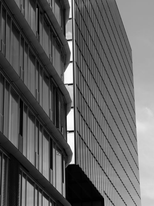 Free Black and white photo of modern office buildings in Düsseldorf, showcasing sleek design and urban elegance. Stock Photo