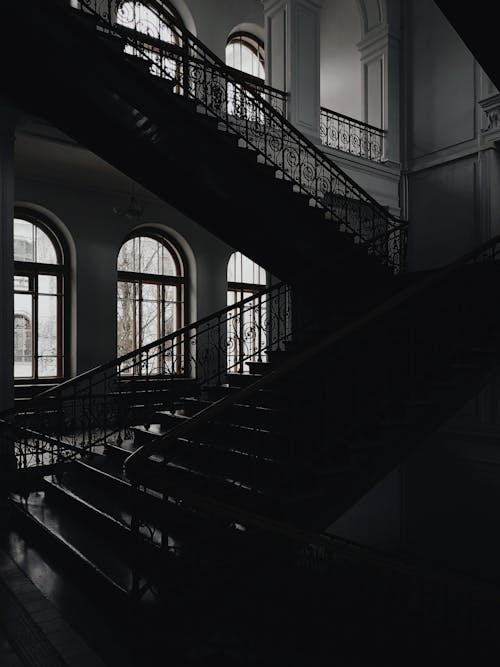 Grayscale Photo of a Staircase