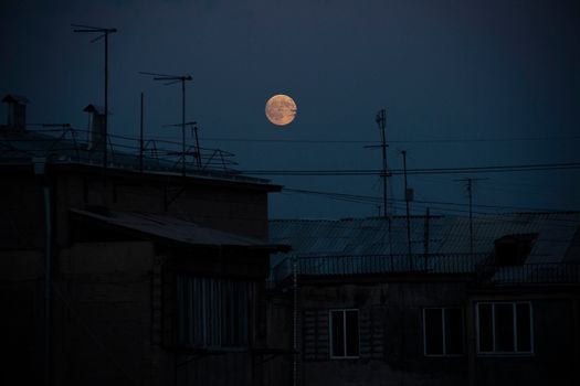 满月照亮城市屋顶，勾勒出夜色中喜怒无常的轮廓