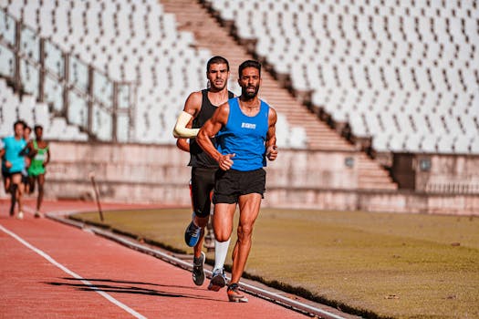Focused male runners competing on a sports track during a daytime race in a stadium setting.