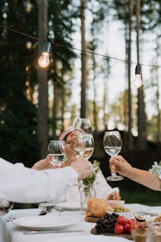 Friends toasting with wine outdoors, enjoying a festive dinner setting under string lights.