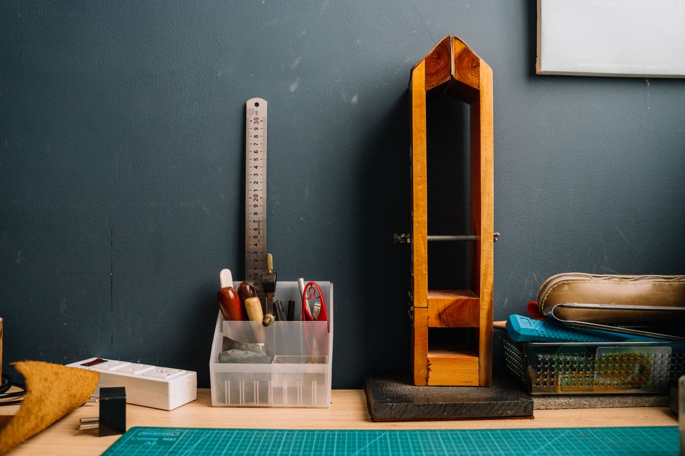 Organized hand tools and equipment on a professional workshop bench.