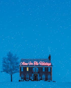 A brick house decorated with 'Alone For The Holidays' lights in a snowy winter scene.