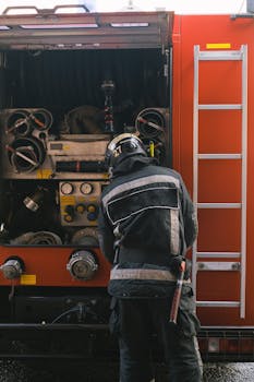 消防员在消防车的开放式车厢里检查设备