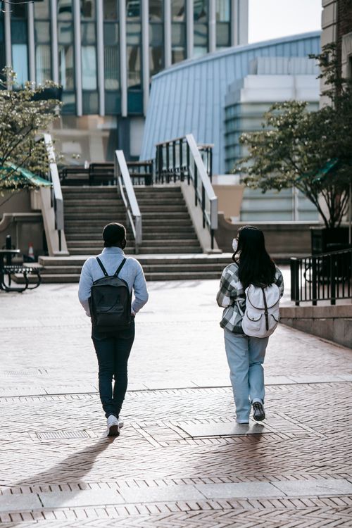 Free Back view of full length anonymous multiracial female students in masks with backpacks walking to stairs in campus Stock Photo