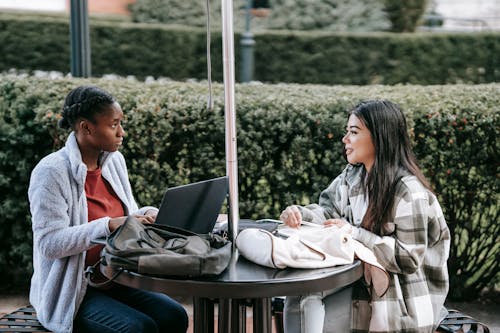 Free Diverse students with laptop in campus Stock Photo