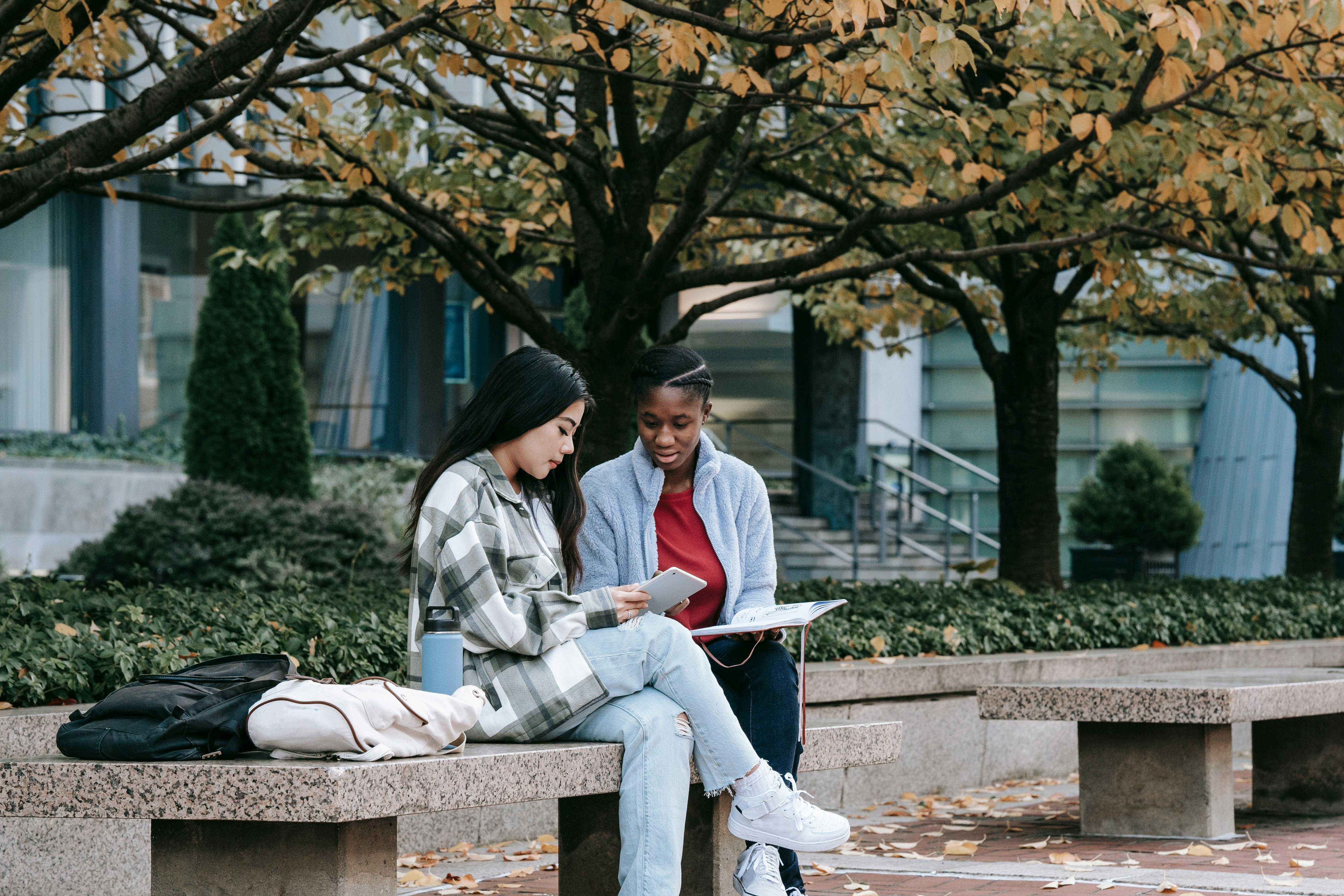 focused multiethnic students watching smartphone on city bench